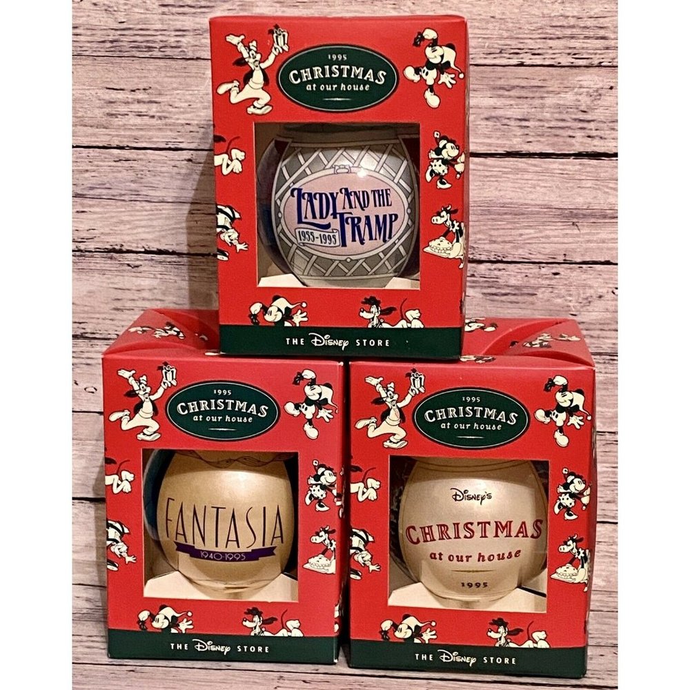 Christmas at Our House Set of 3 Ornaments Pooh Lady and the Tramp Fantasia 1995